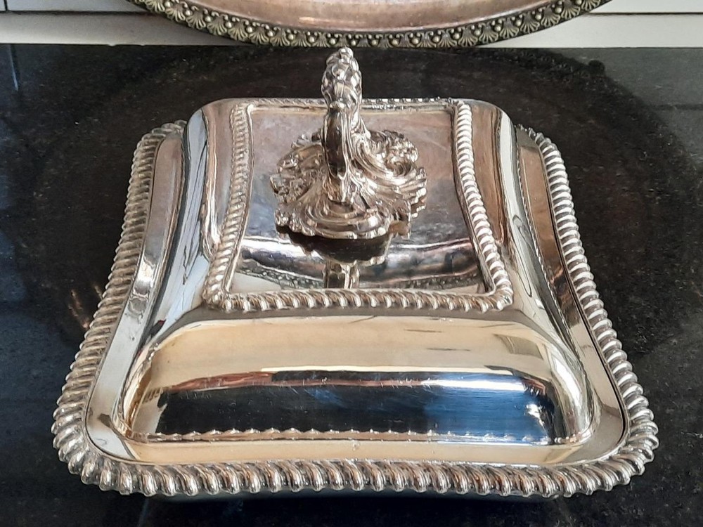Fine Antique Silver Plated Rectangular Entree Dish with Ornate Handle C 1850