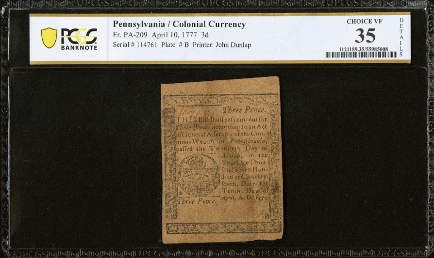 1777 PENNSYLVANIA Colonial Currency American Revolution Bank Note PA-209 PCGS 35