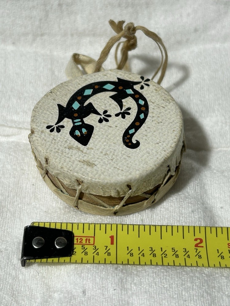 Miniature Drum With Lizard & Drumsticks Handpainted 1-5/8” Diameter