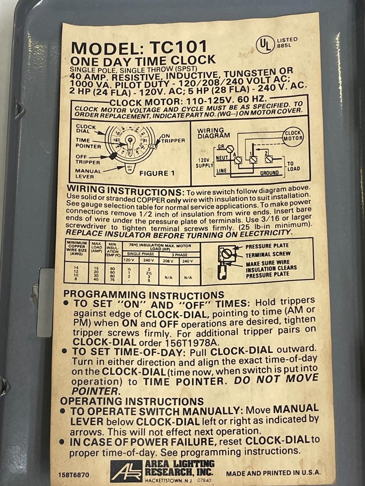 AREA LIGHTING TC101 SINGLE POLE SPST 40 AMP SINGLE THROW INDUCTIVE TIME CLOCK