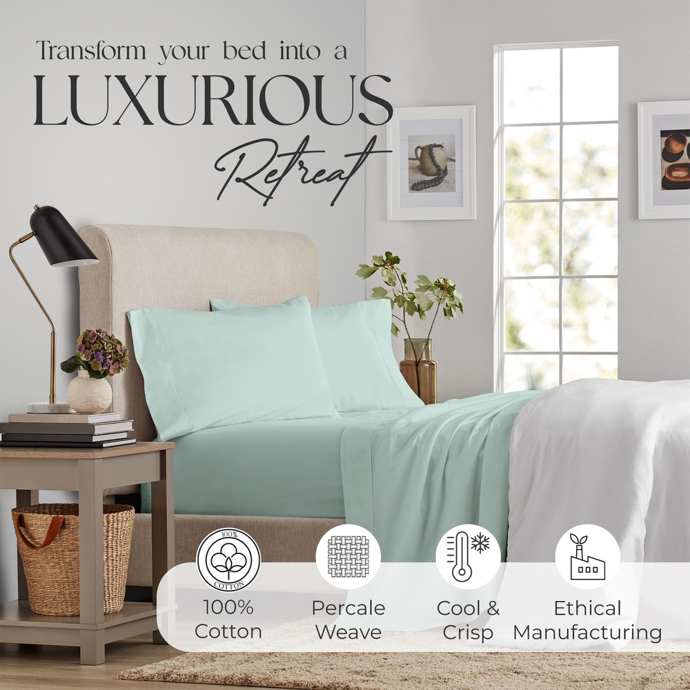 SUPREME ELEGANCE Full Size 100% Cotton Percale Deep Pocket Bed Sheets Set
