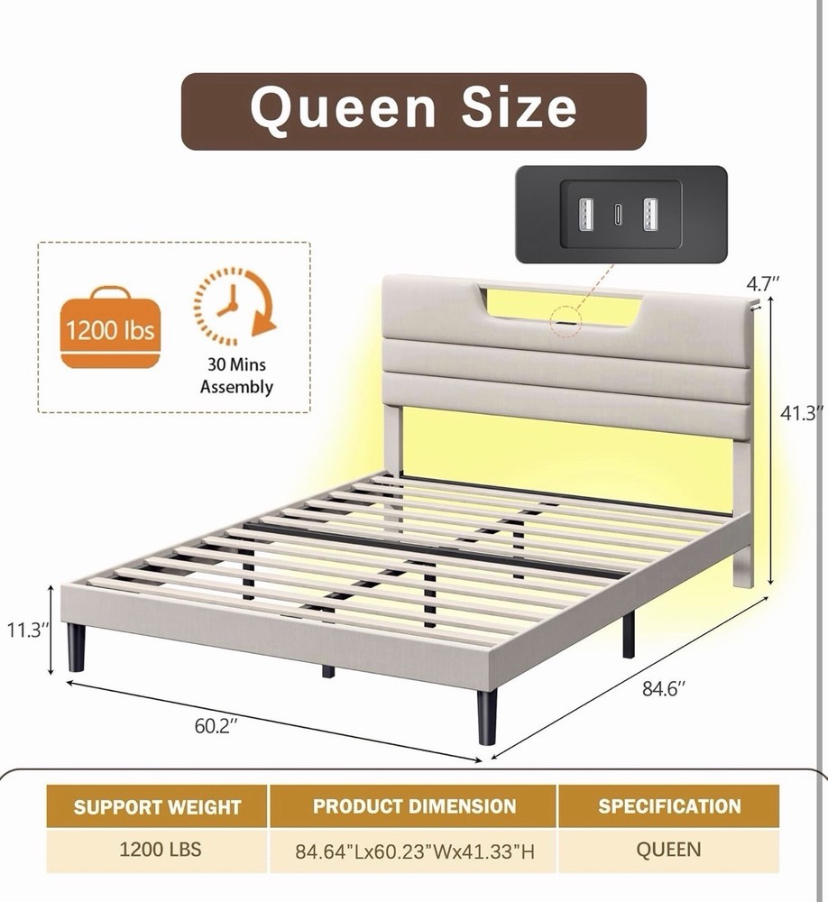 Queen Platform Bed Frame Beige LED Lights Charging Station Storage Headboard