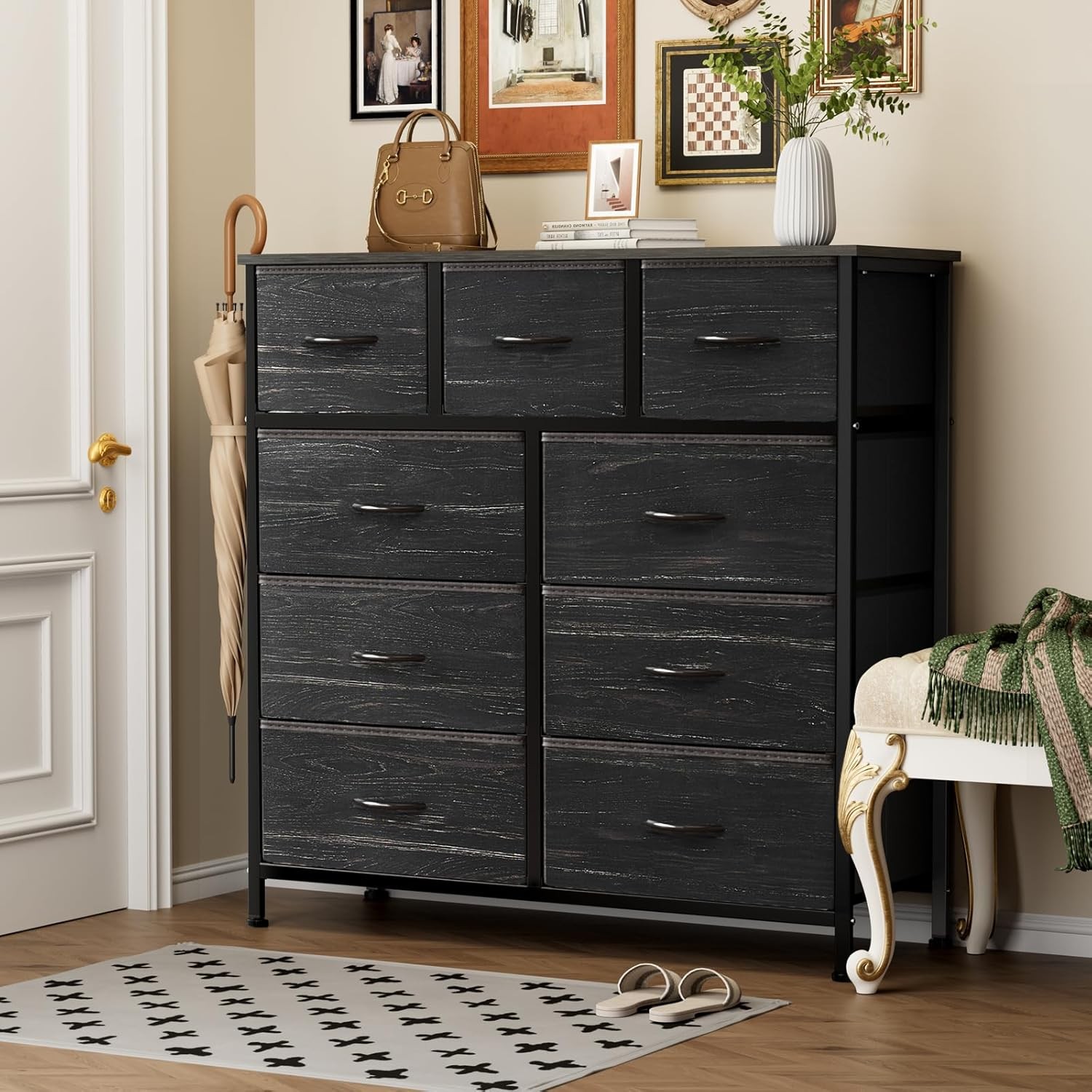 9 Storage Drawer Dresser for Bedroom Tall Wood Dresser with Fabric Storage Tower