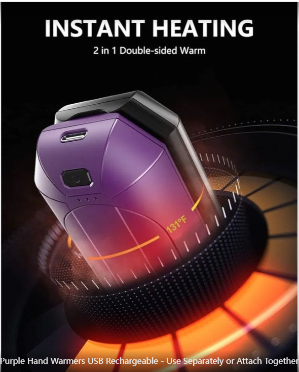 Purple Hand Warmers USB Rechargeable - Use Separately or Attach Together