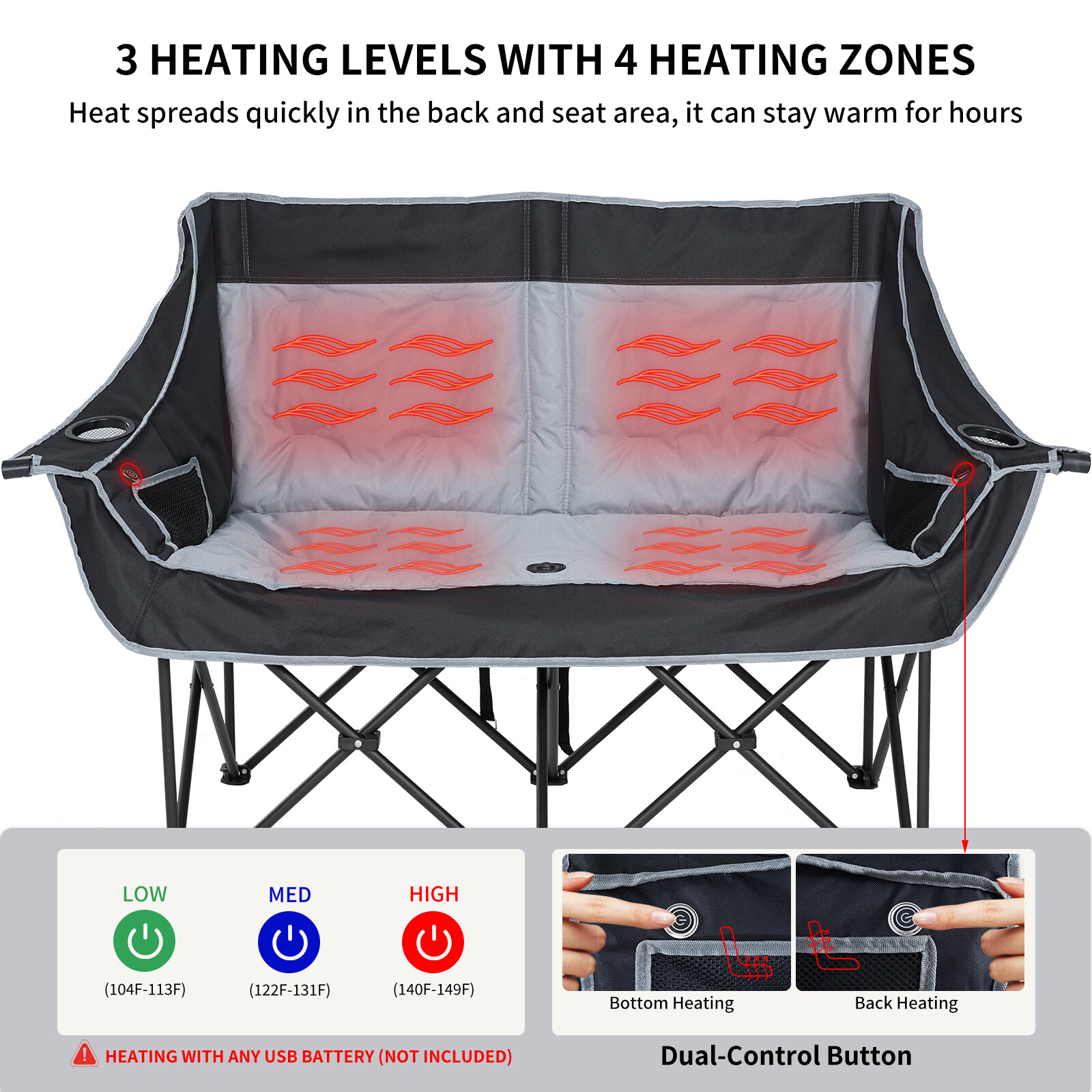 NAIZEA Heated Double Camping Chair with 3 Heat Levels Fully Padded Duo Chair