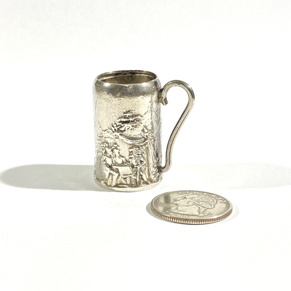 vintage heavy solid silver beer mug miniature with ancient scenes, hallmarked