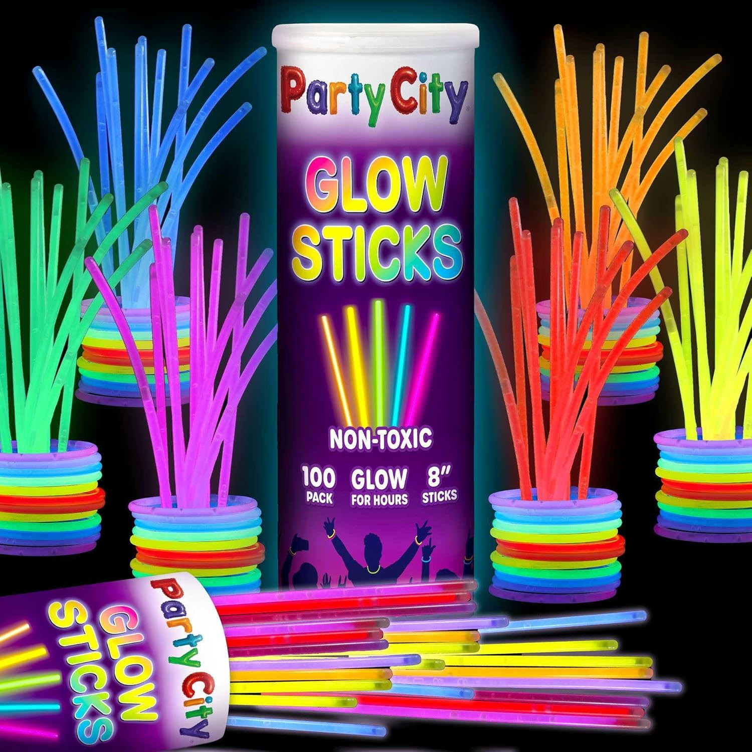 100 Glow Sticks Bulk Party Pack 8”– Neon Glow in the Dark Party Supplies, Glowst