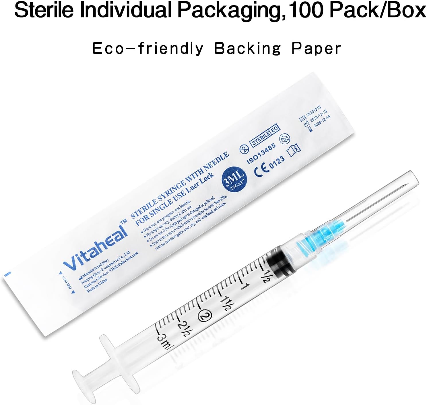 100 Pack 3ml Luer Lock Syringes with 23G 1" Needle Sterile Disposable Lab Steril