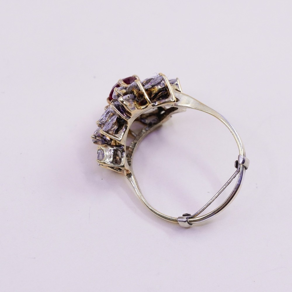 Size 10.5, Vintage sterling silver handmade statement ring, ruby and cluster cz