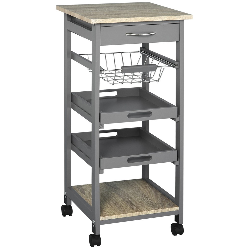 Rolling Kitchen Cart w/ Drawer, Basket, Trays & Solid Wood Frame, Gray