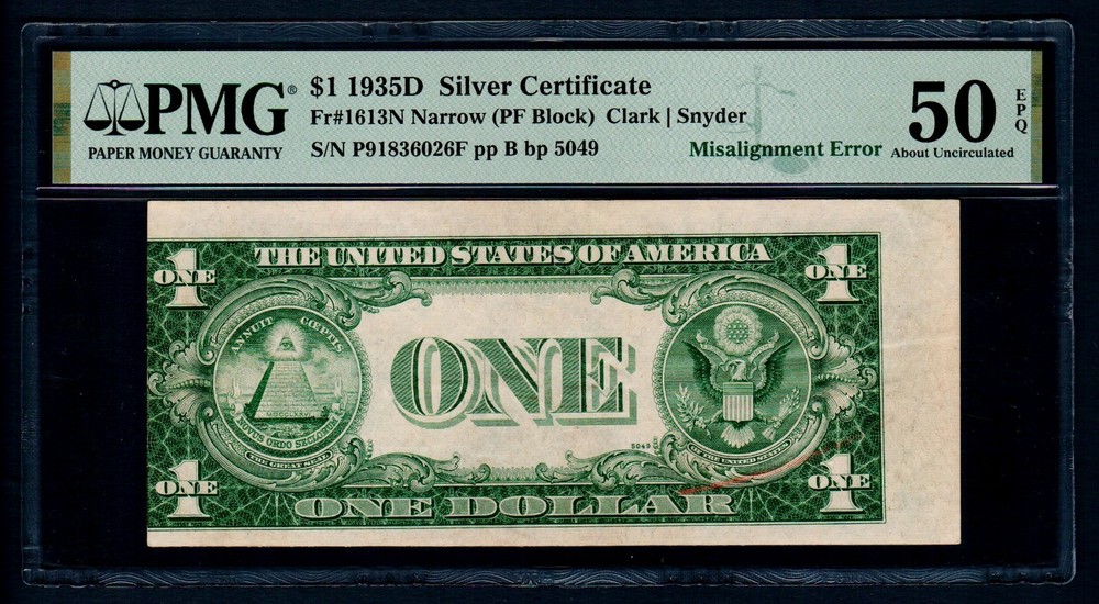 1935D $1 Silver Certificate Misalignment Error PMG About Uncirculated 50 EPQ