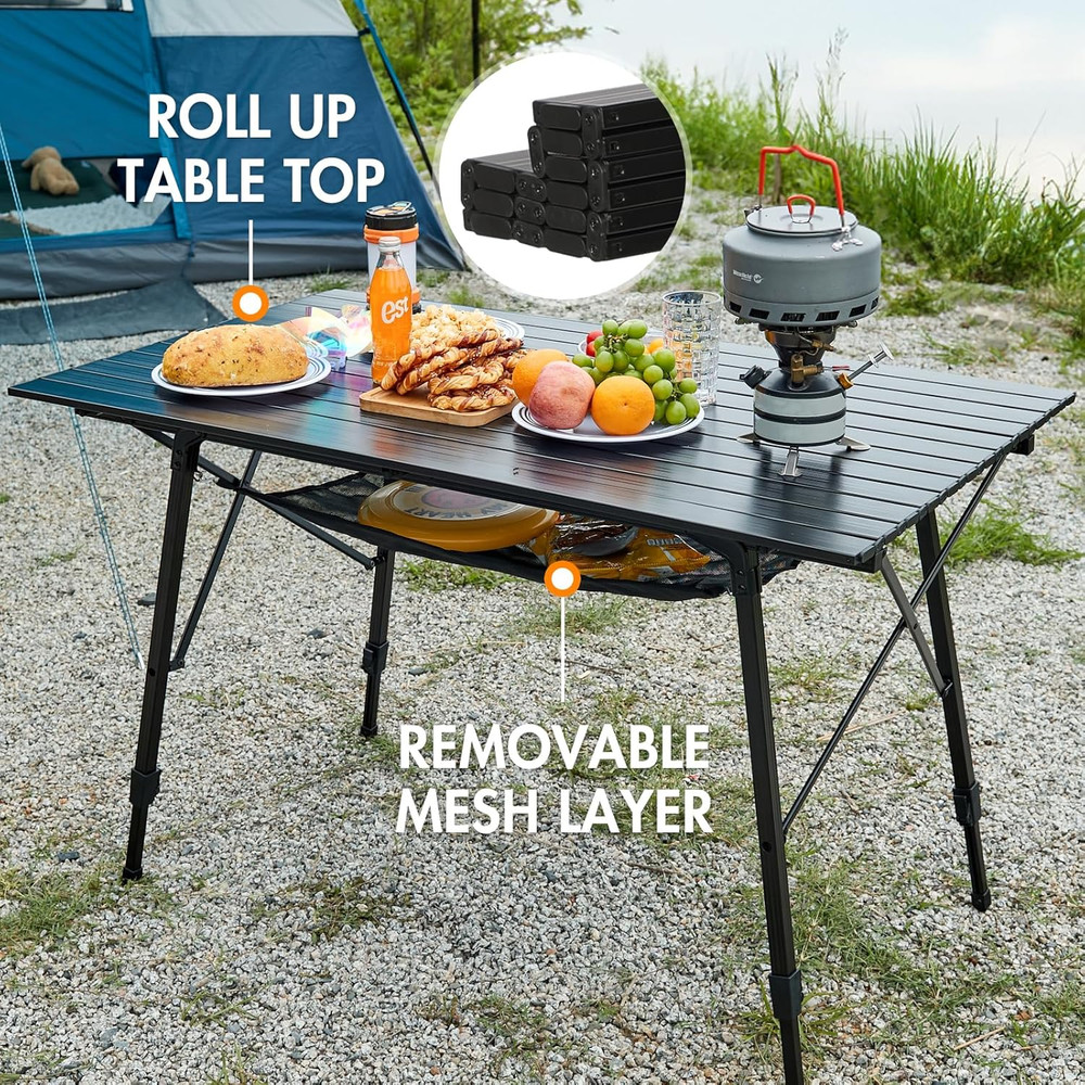 Camping Table Portable Foldable with Adjustable Legs, Aluminum Folding Table Rol
