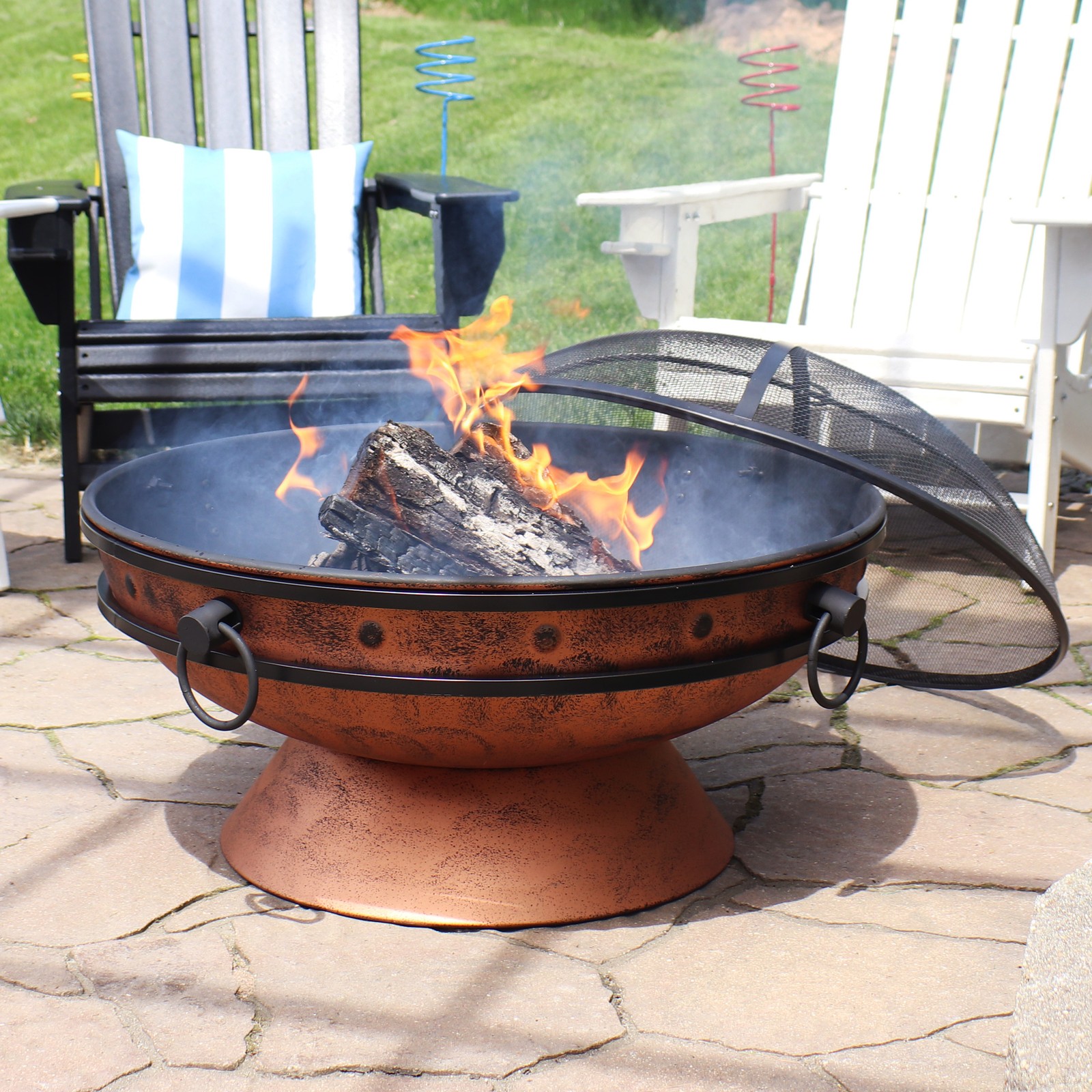 30 in Raised Outdoor Fire Pit Bowl with Spark Screen - Copper by Sunnydaze