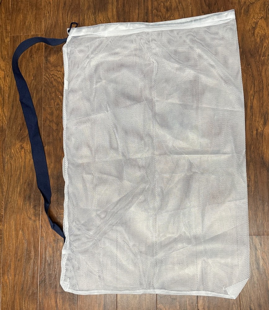 White Mesh Drawstring Shoulder Strap Laundry Bag  35" x 23"