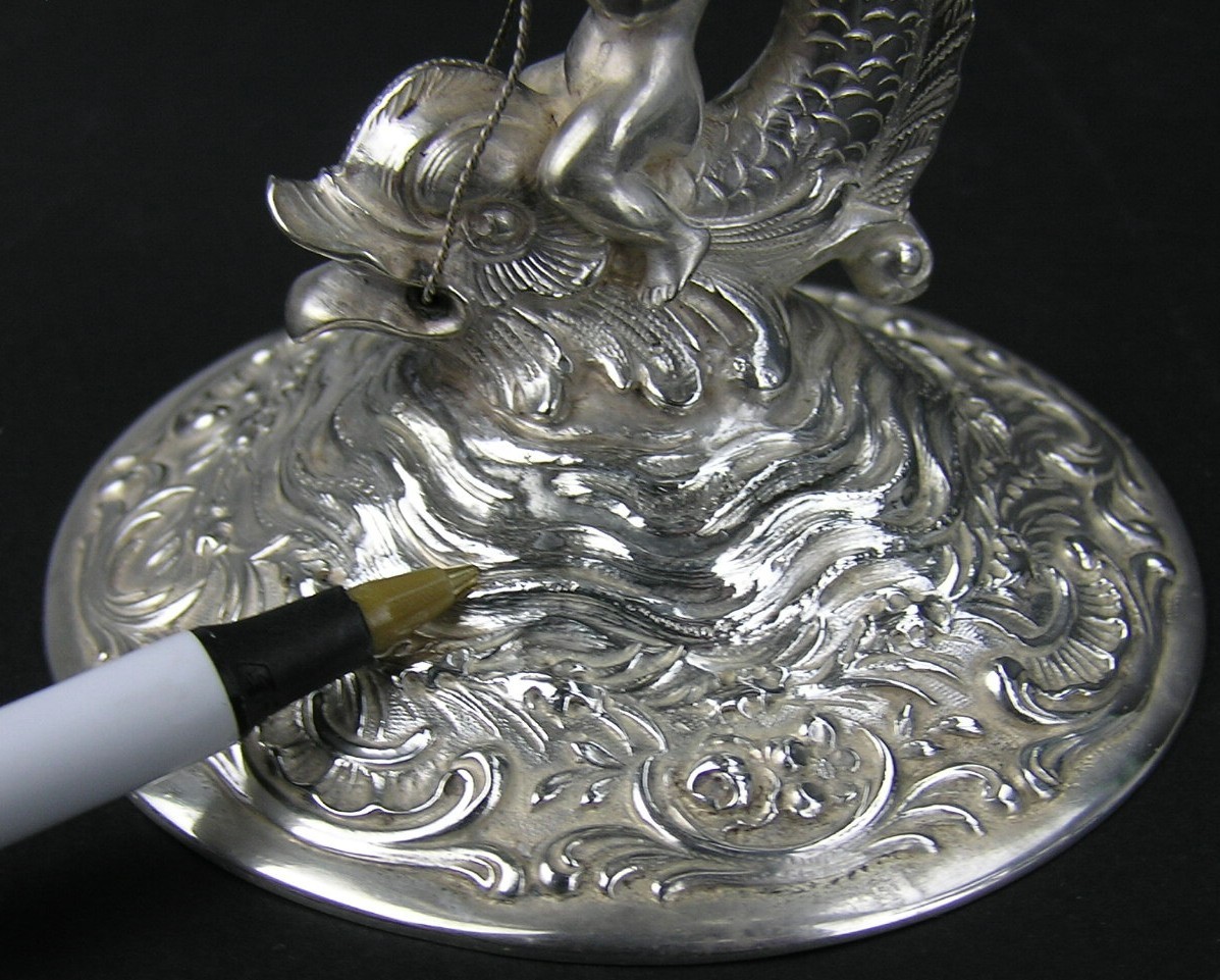 Pair Old 800 Silver German Sweet Meat Compotes Putti Riding Dolphin Hanau 627g