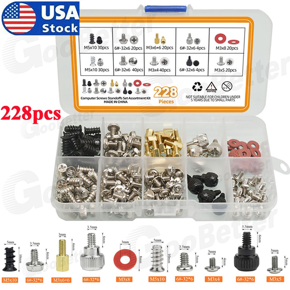 228Pcs PC Computer Screws Standoffs Set Kit for Hard Drive Computer Case Repair