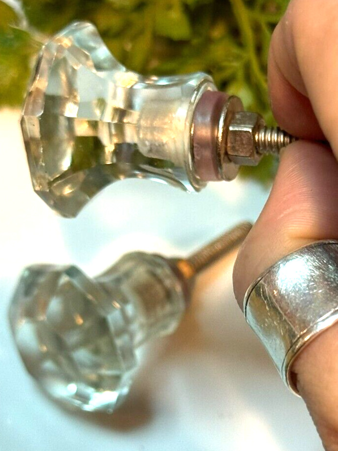 4 Antique Drawer Pull Handle Small Diamond Cut Clear Glass Cabinet Knob Hardware