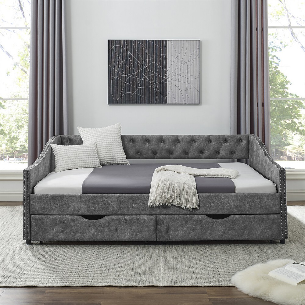 Full Size Daybed Upholstered Bed Frame Sofa Bed w/ 2 Storage Drawers US