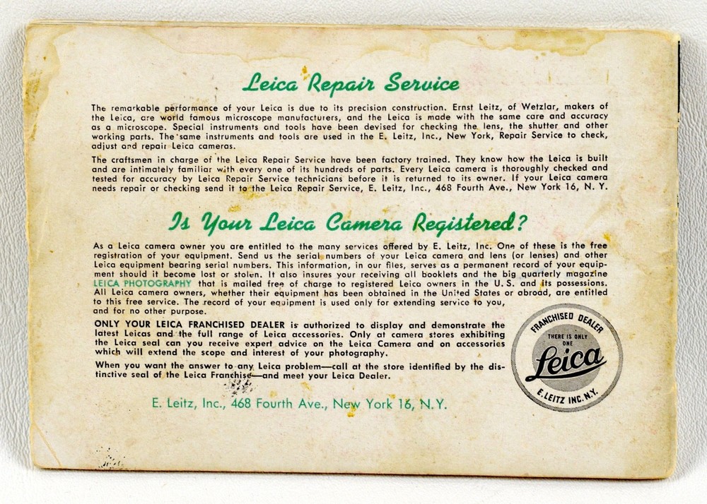 Original Camera Instructions/Manual: Leica Camera Instructions