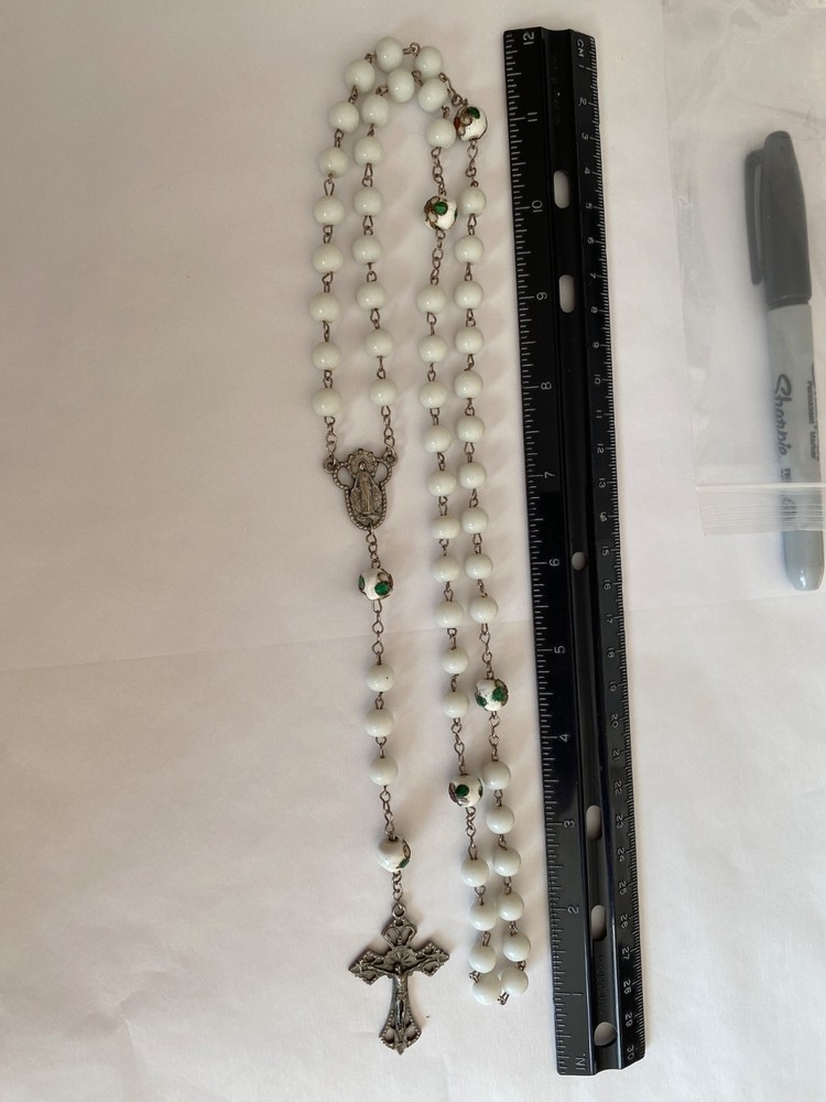 Catholic Antique Ceramic White Blue Floral Rosary