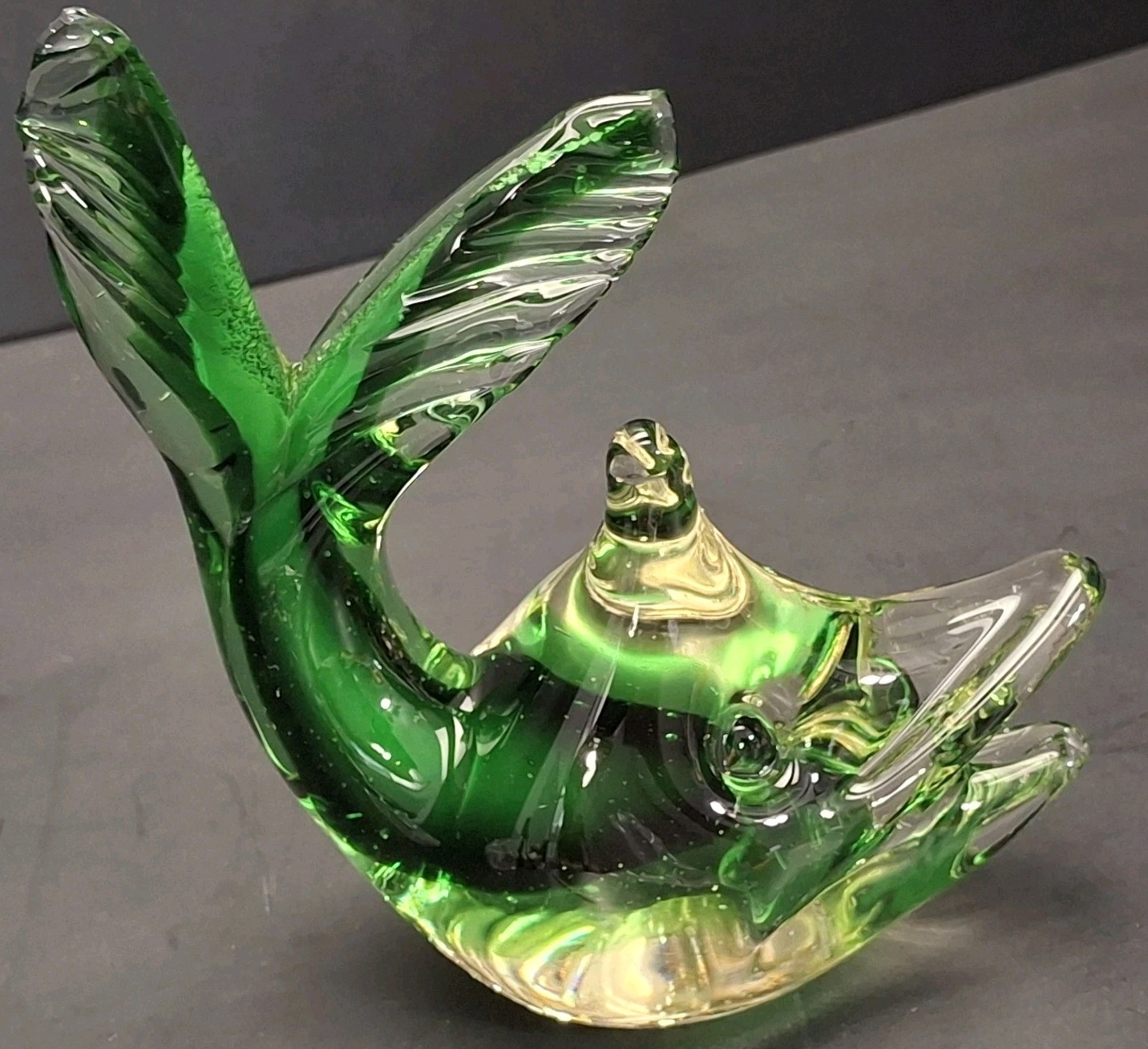Vintage Green Glass Fish Sculpture Murano Paperweight Made in Italy Sunken Eyes