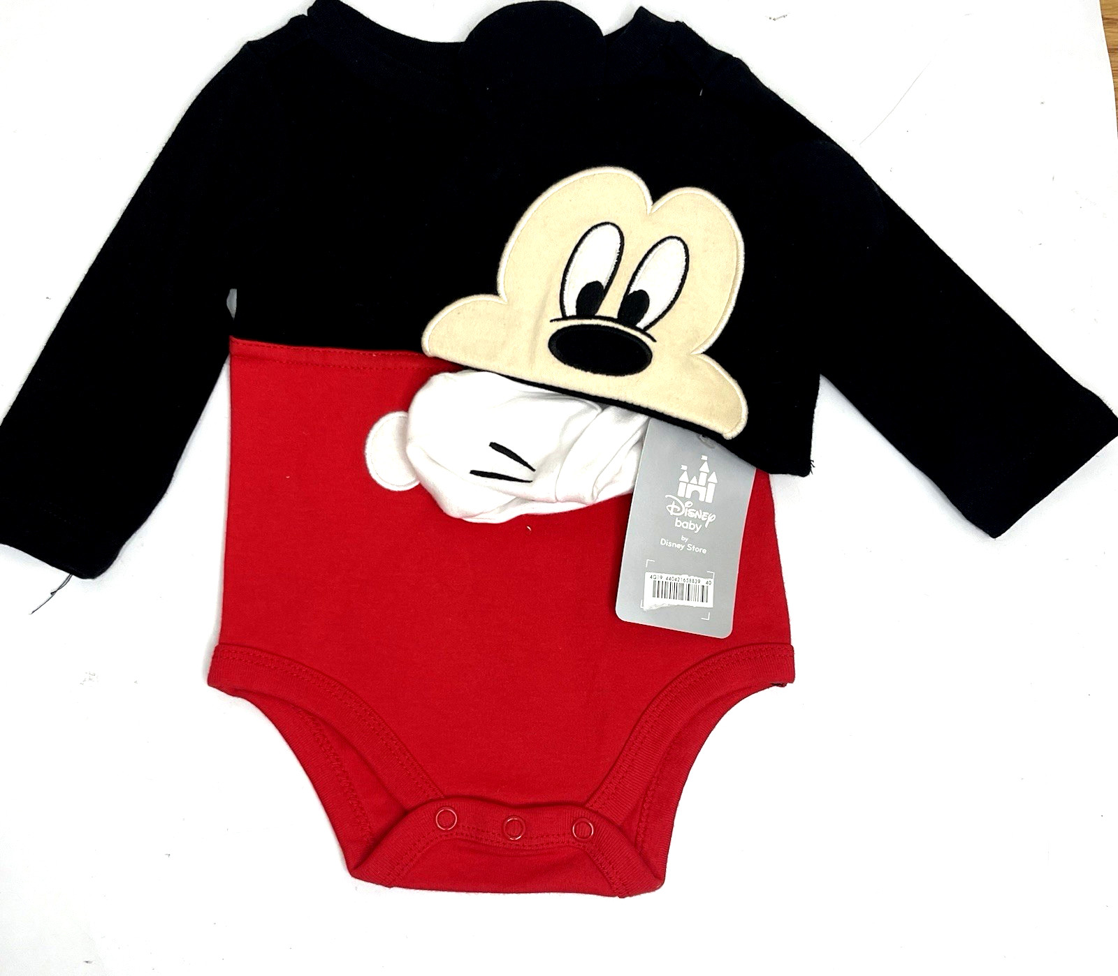 Disney Store Mickey Mouse Costume Pin Down Bodysuit Set Black Red Baby 6-9M NWT