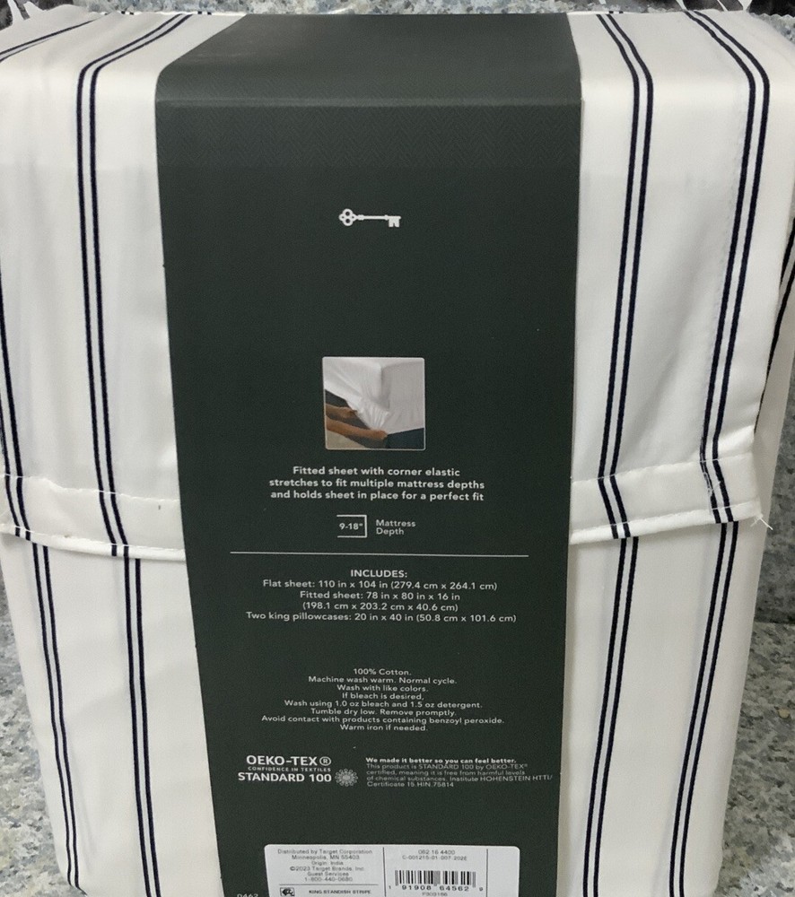 🎁 Threshold 400 Thread Count Performance Printed Sheet Set Black Stripe King🆕