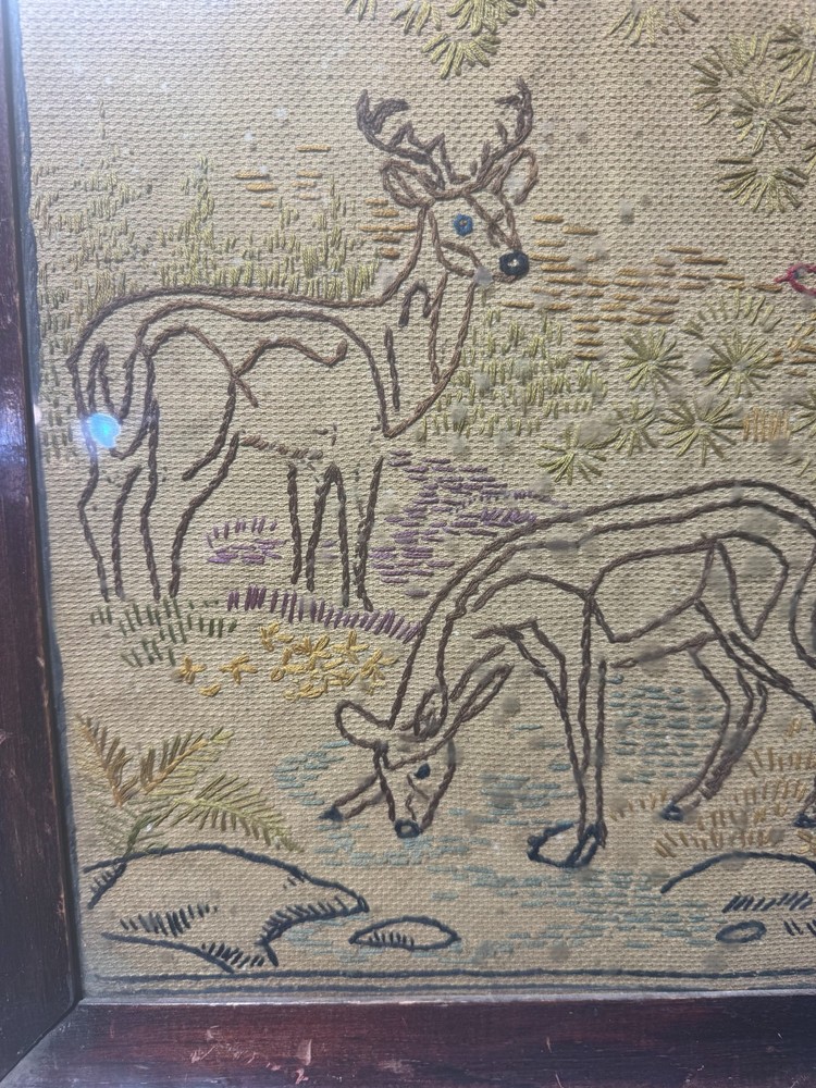 Vintage Needlework "Deer In Landscape Scene" - Framed