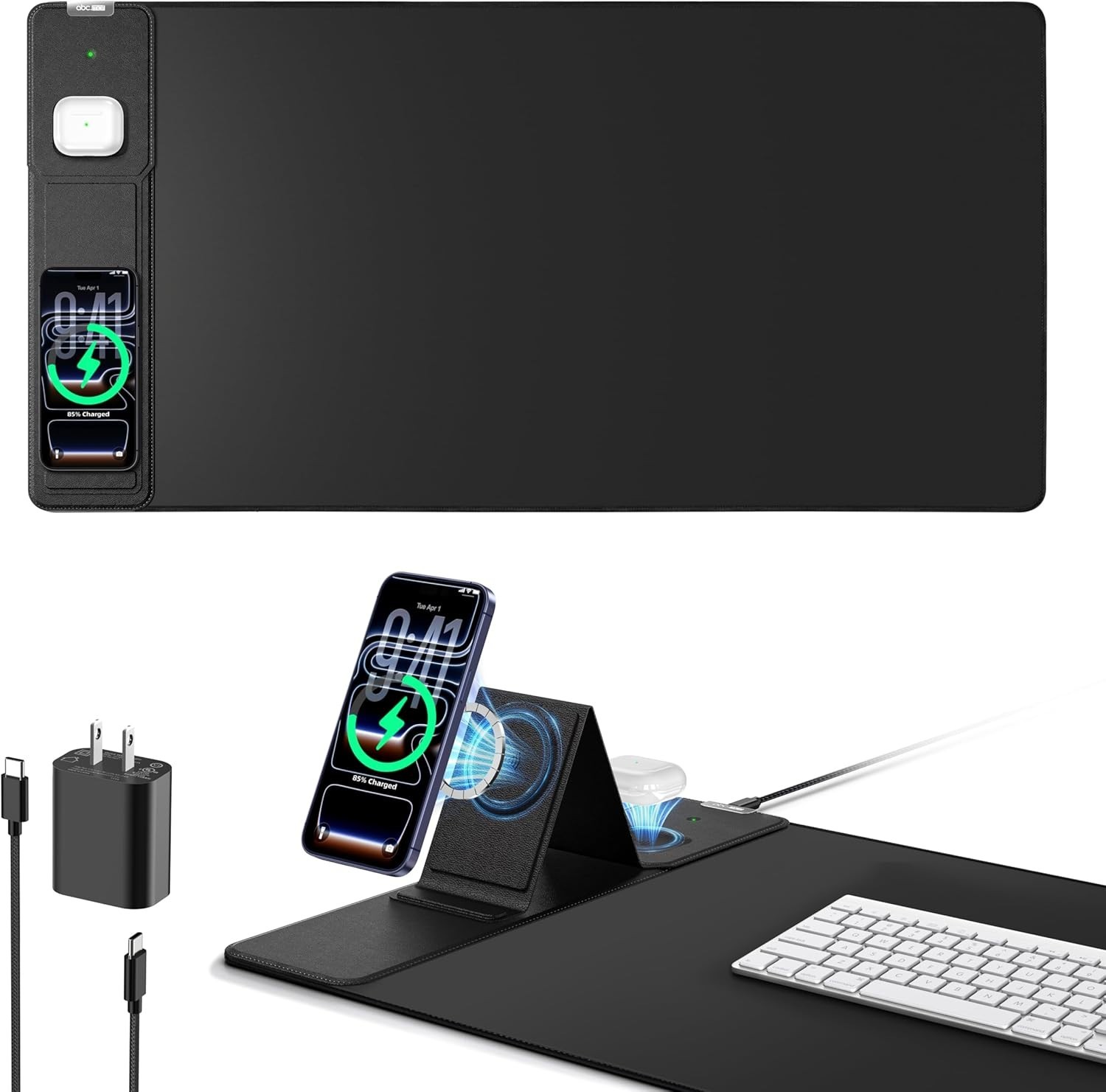 New - ABCMat Mouse Pad with Magnetic Wireless Charging & Adjustable Phone Stand,