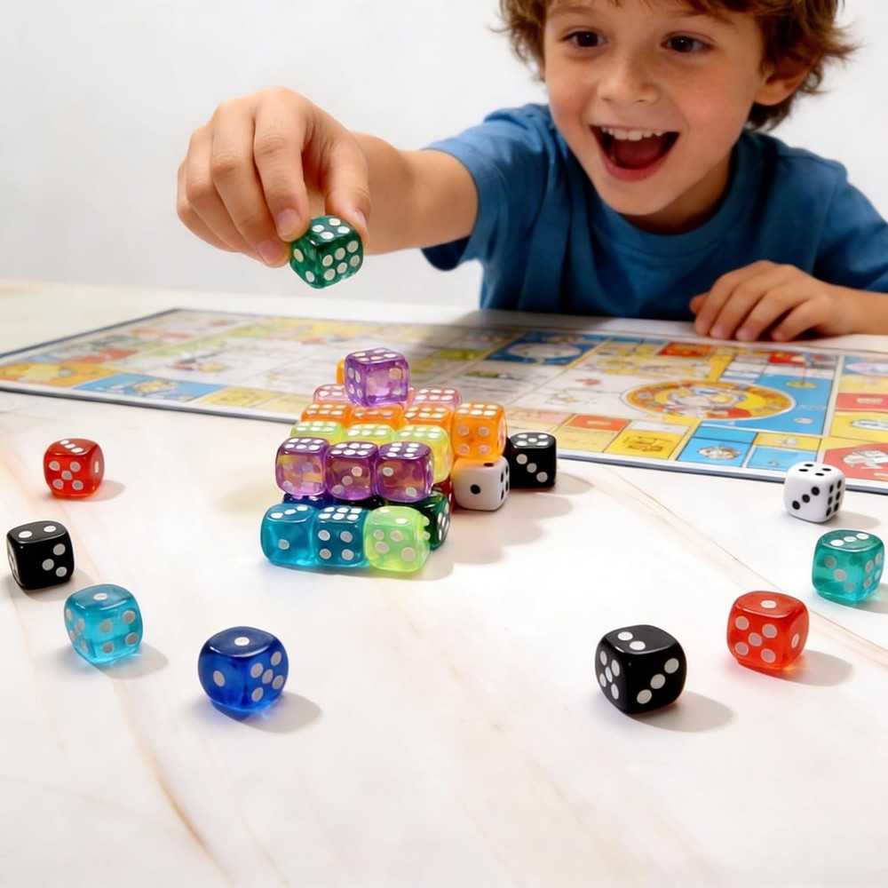 50 Pieces Dice Set, Translucent 6 Sided Colored Dices for Board Games, Math Lear