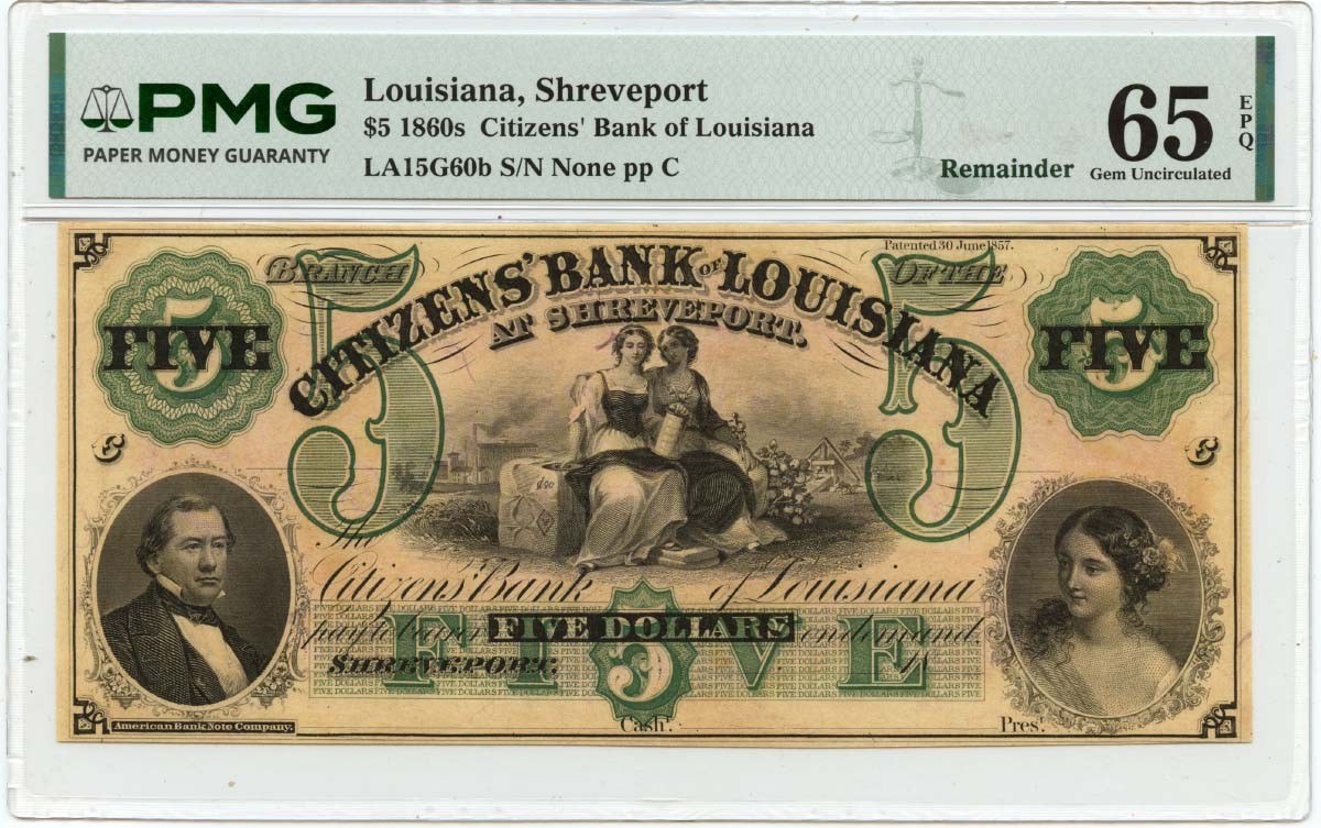 1860s $5 Shreveport, Louisiana Obsolete Note Citizens Bank PMG GEM 65 EPQ