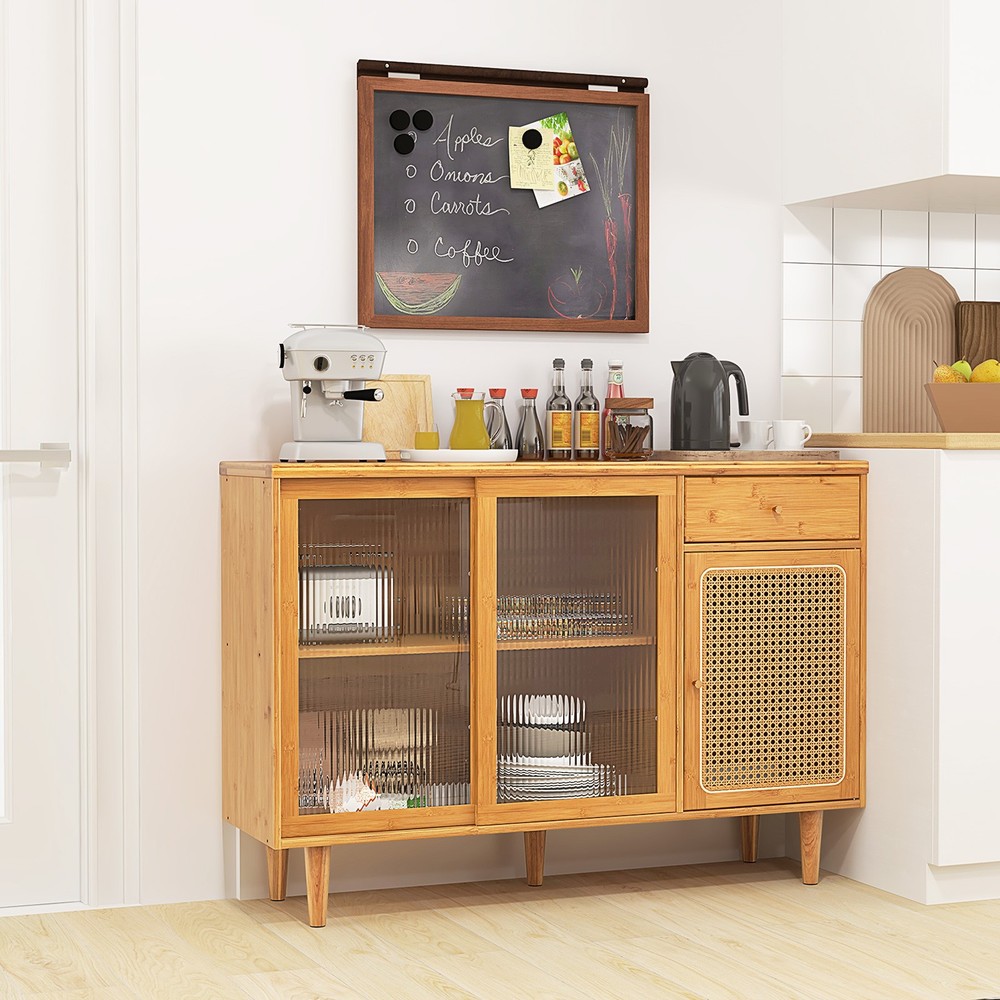 Buffet Sideboard Cabinet Rattan Console Table with Sliding Doors Storage Drawer