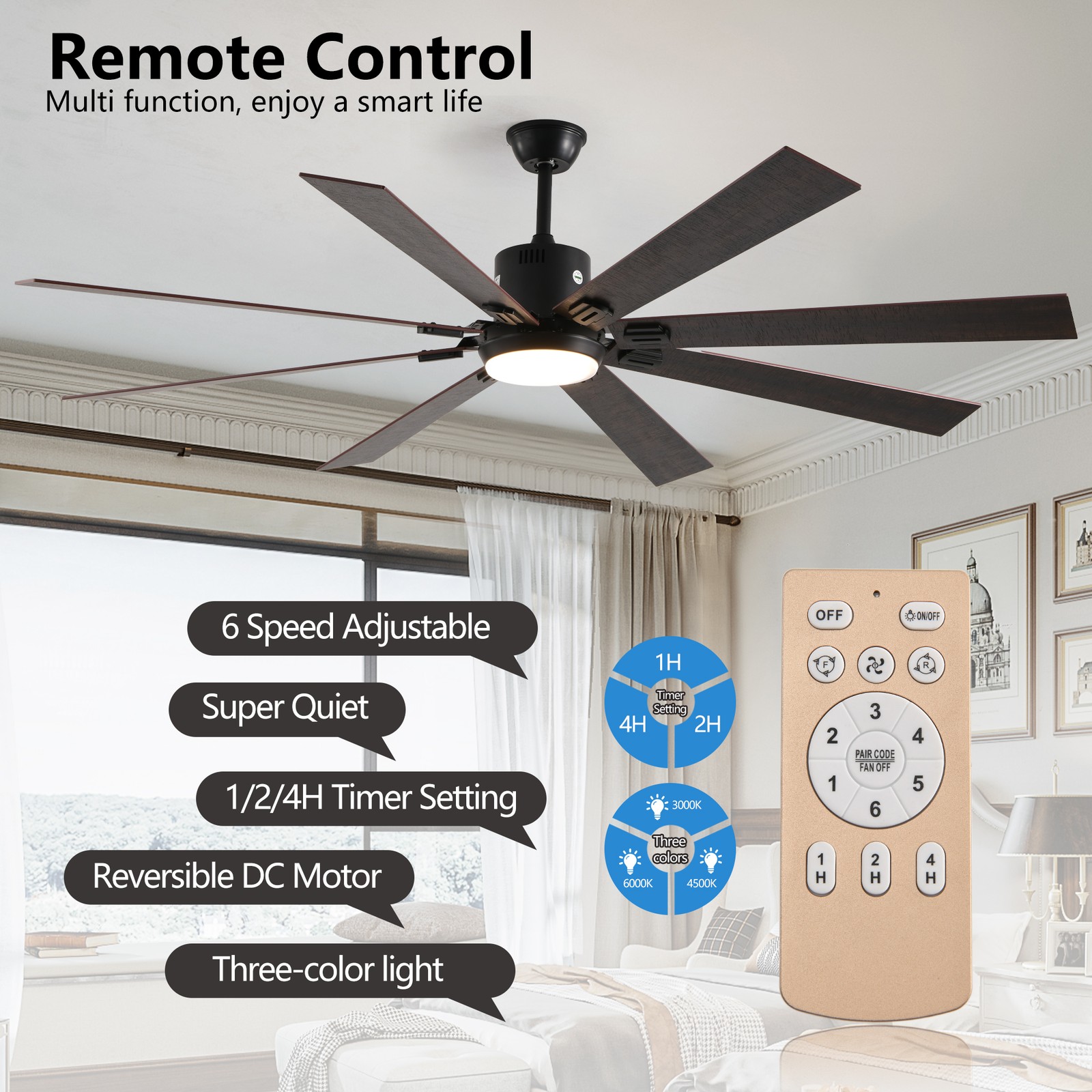 72 in Walnut Black Ceiling Fan with Light, Remote, Reversible Motor