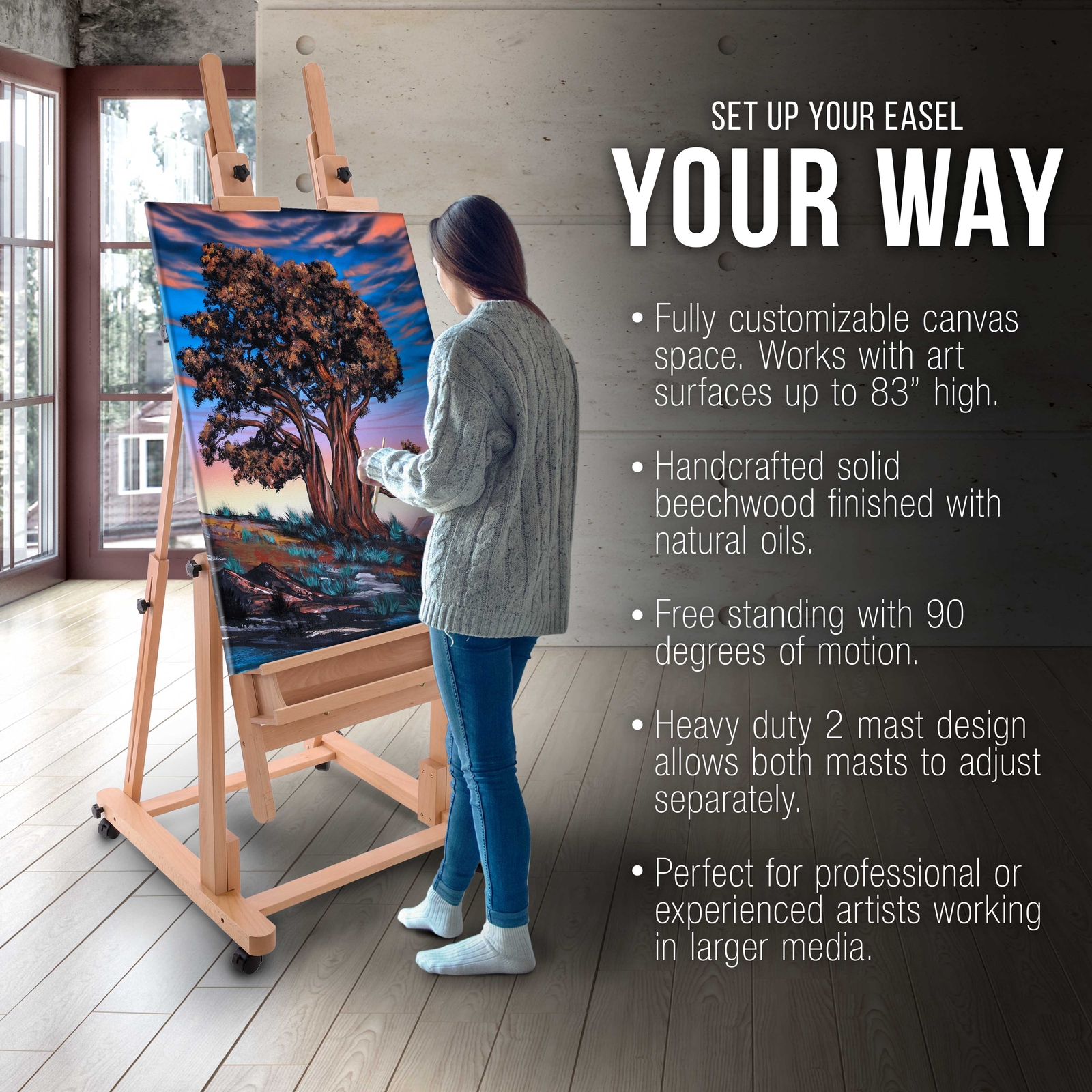 U.S. Art Supply Double Mast Adjustable Wooden H-Frame Studio Easel, Paint Tray