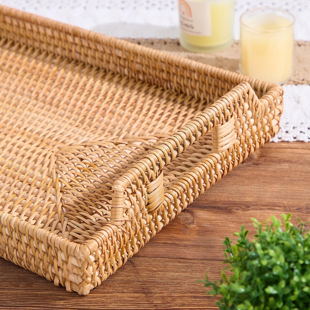 Rattan Rectangular Serving Tray with Handles, Hand-Woven Wicker Decorative Tr...