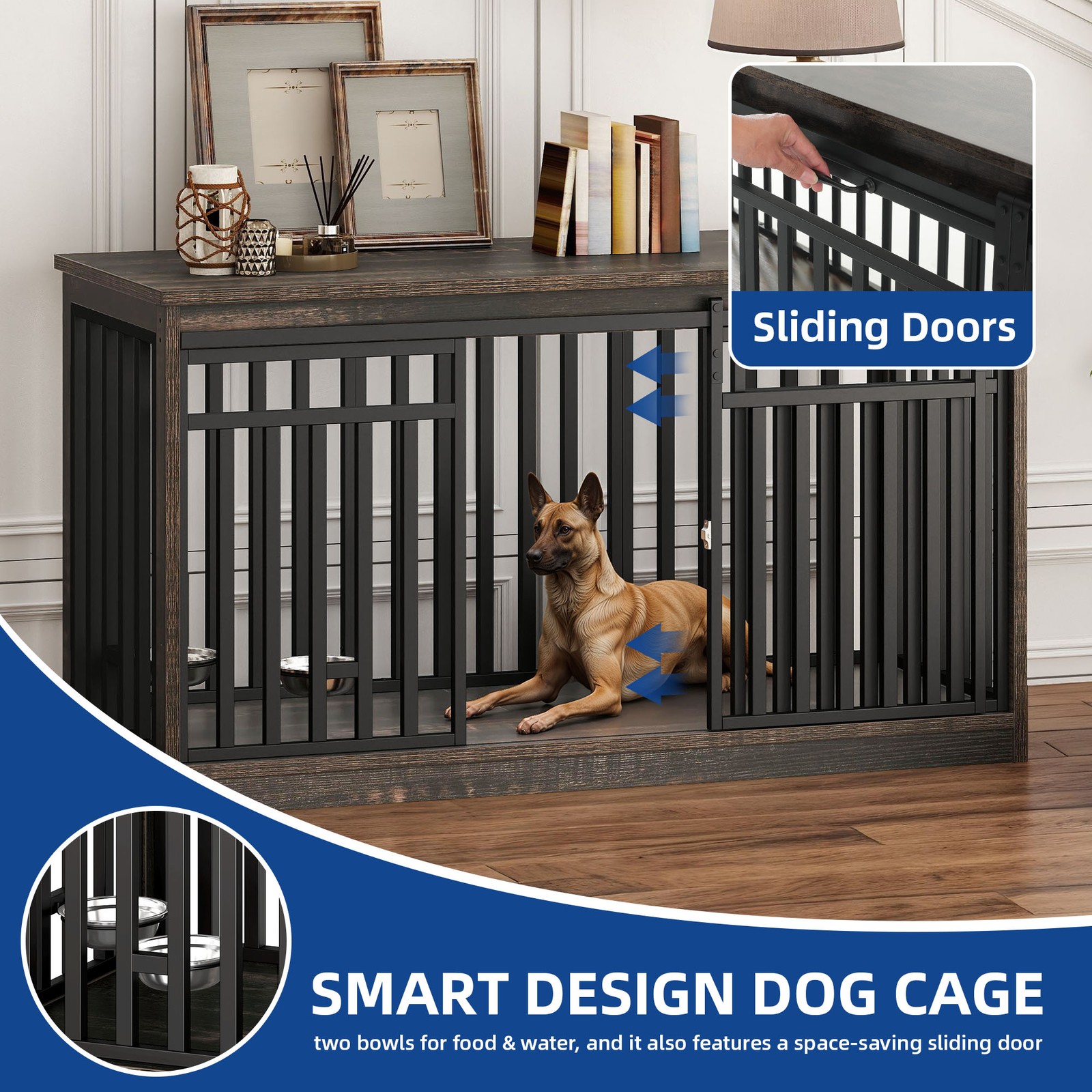 55" Extra Large Dog Crate Furniture Heavy Duty Metal Dog Kennel w/ Sliding Door