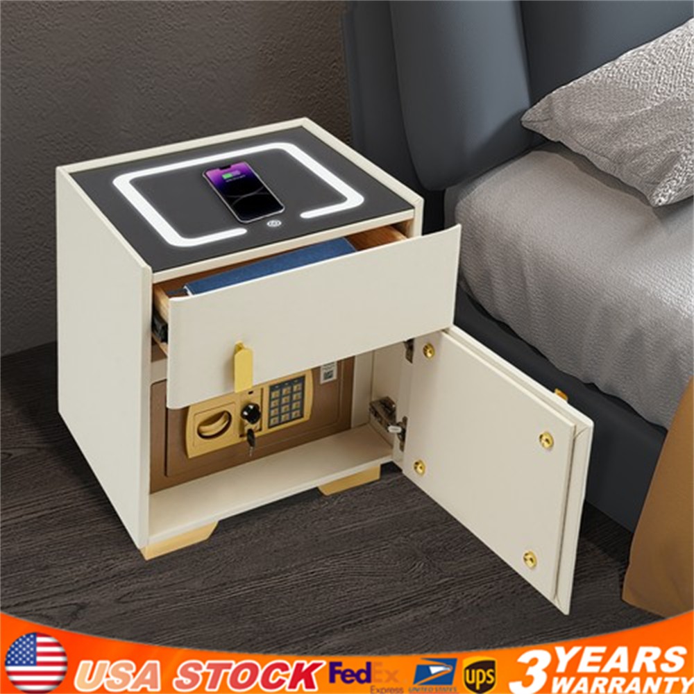 Led Nightstand with Wireless Charging and Safe Box Night Stand, Bedside Table