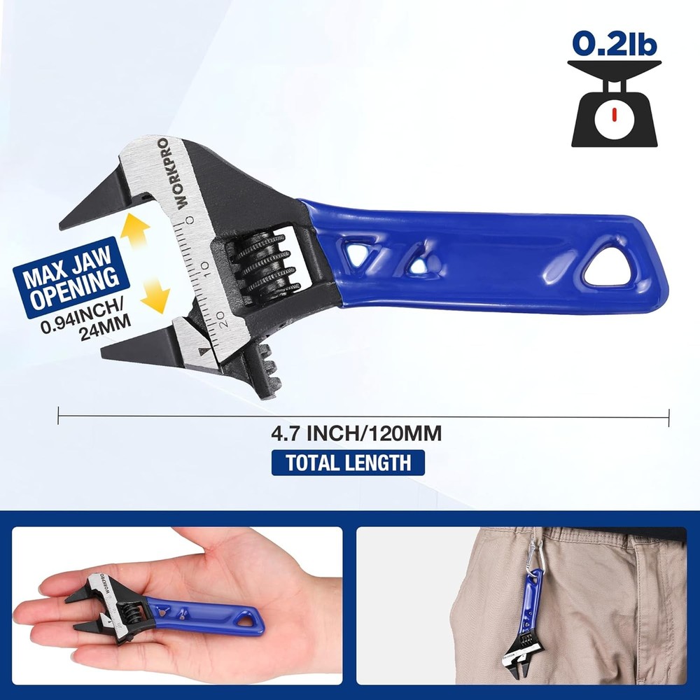 WORKPRO 4 Inch Thin Jaws Stubby Wide Opening Adjustable
