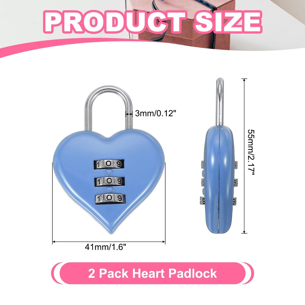 2 Pack Combination Locks Heart Shape Password Padlock Love Locker Lock Blue