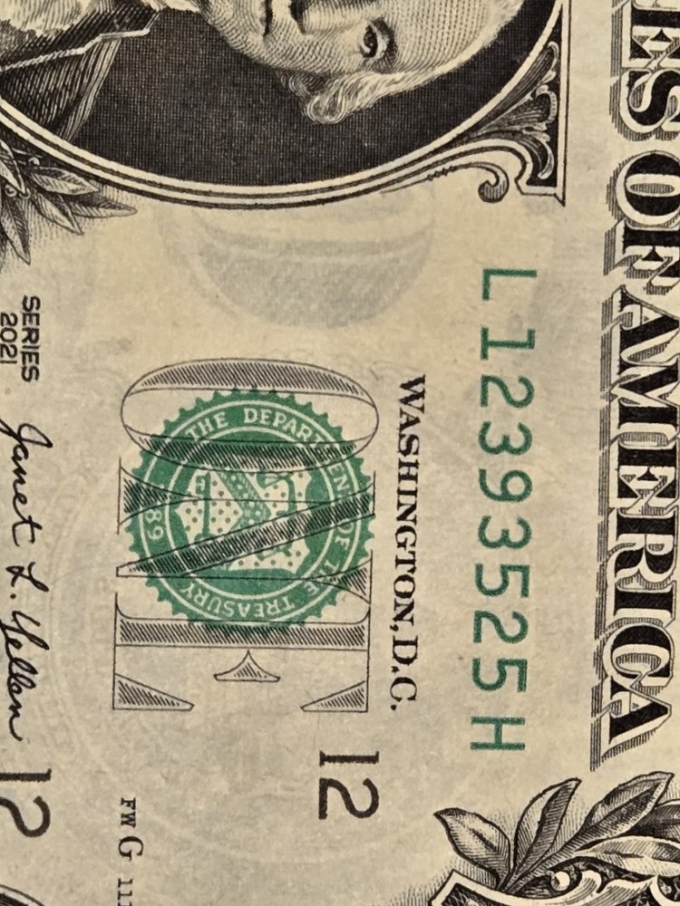 2021 wet Ink Transfer Error 1 Dollar US Bill Note