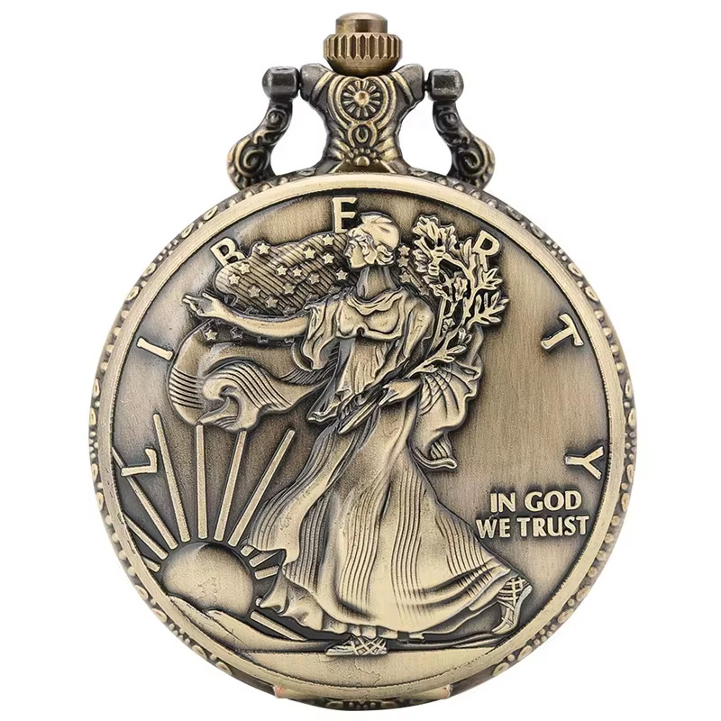 Lady Liberty Pocket Watch - Double Sided Face - US Eagle Design