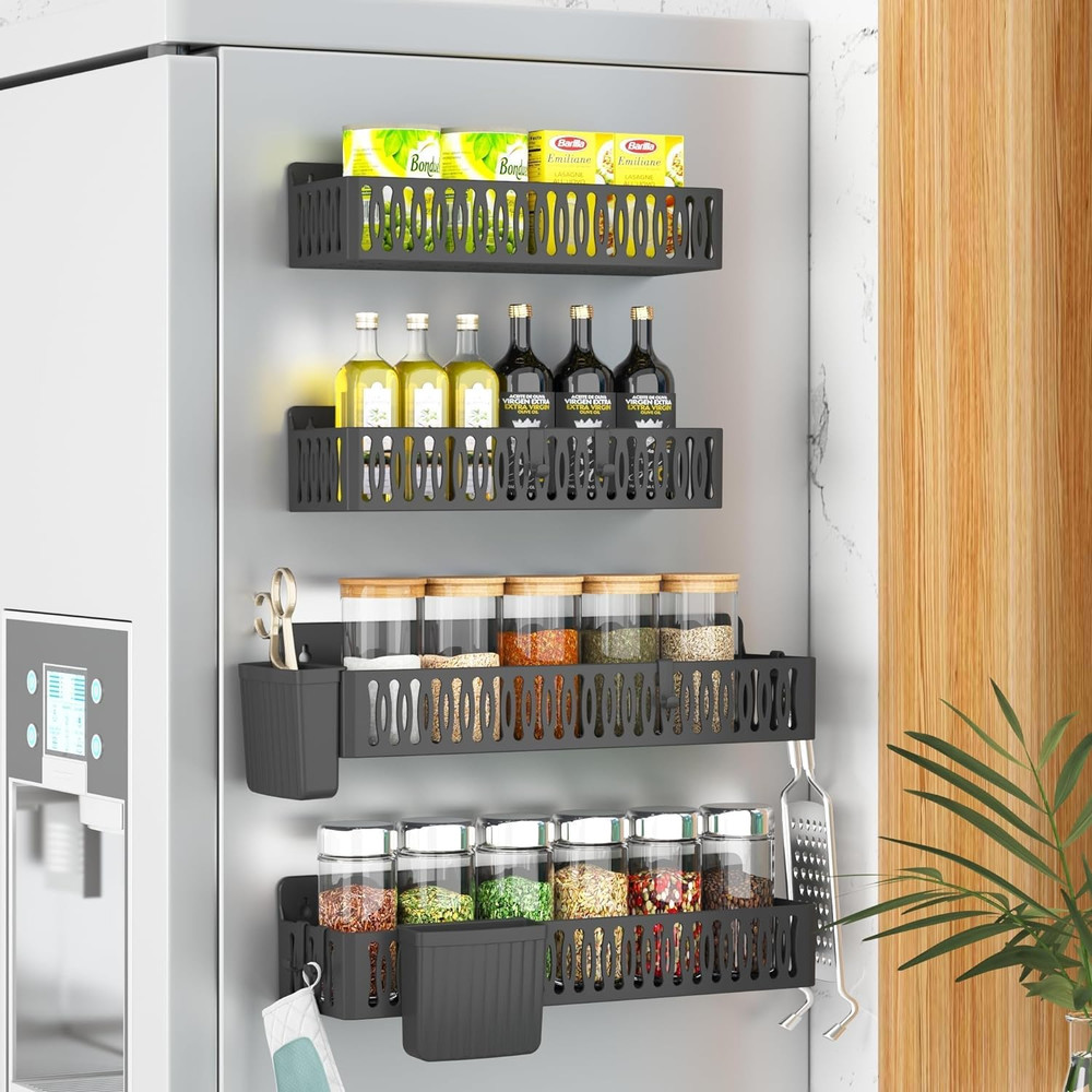 4 Pack Magnetic Spice Rack for Refrigerator, Spice Rack Organizer, Moveable Magn