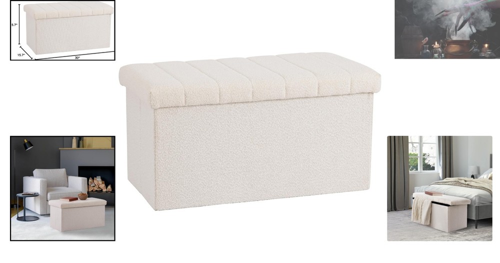 Space-Saving White Boucle Storage Bench - Elegant Ottoman for Home Decor