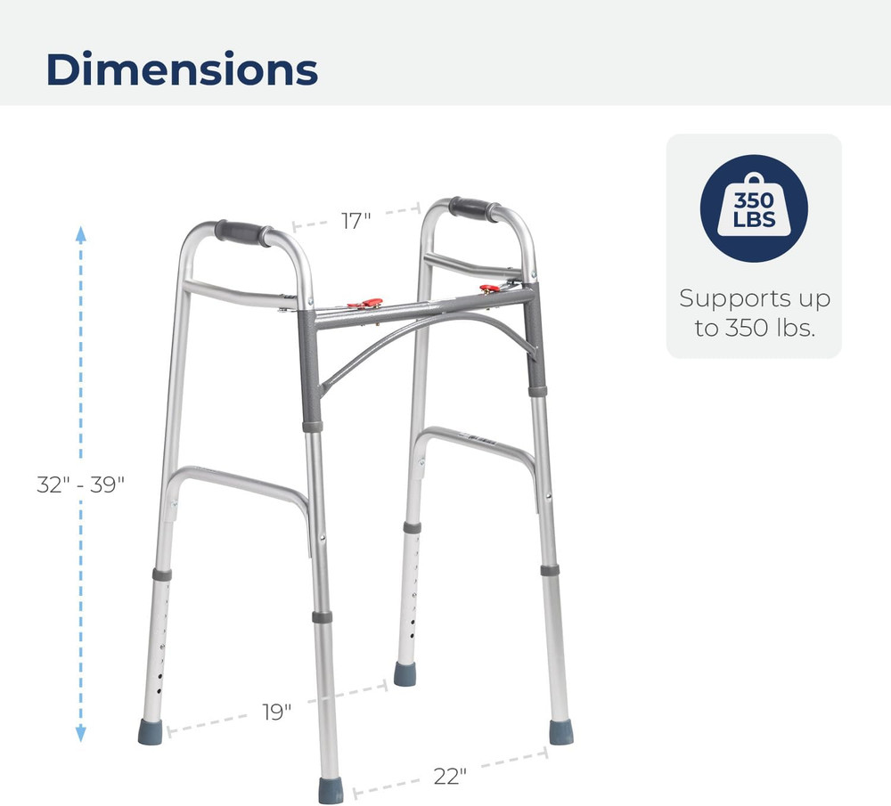 2-Button Standard Foldable Walker for Seniors & Adults - Adjustable Legs - Light