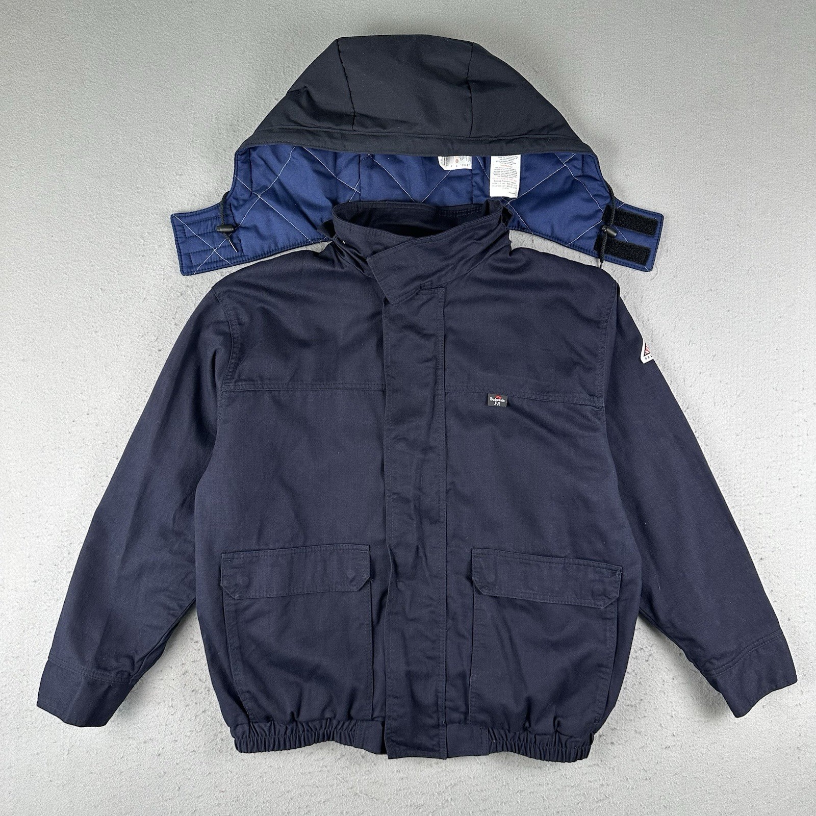 Bulwark FR Jacket Mens XL Blue Flame Resistant Workwear Snap Zip Hooded