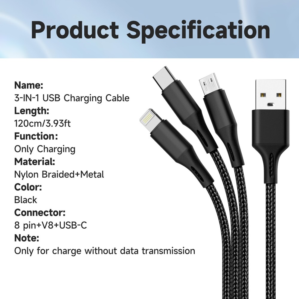 3 in1 Multi USB Charger Charging Cable Micro USB Type-C for iPhone Samsung