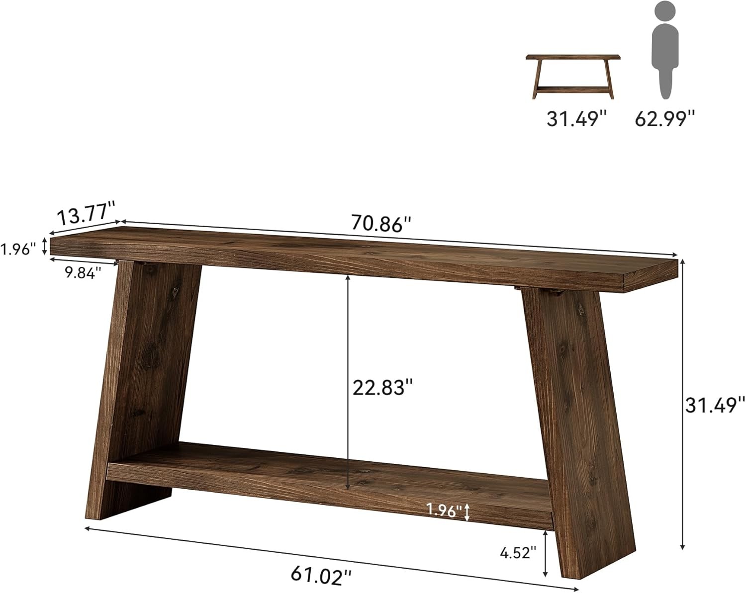70.9 Inch Solid Wood Console Table 2-Tier Farmhouse Narrow Entryway Sofa Table