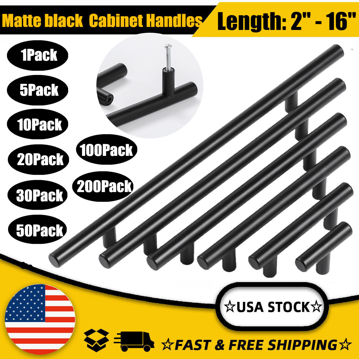 2" - 16" Matte Black Kitchen Cabinet Pulls Stainless Steel Drawer T Bar Handles