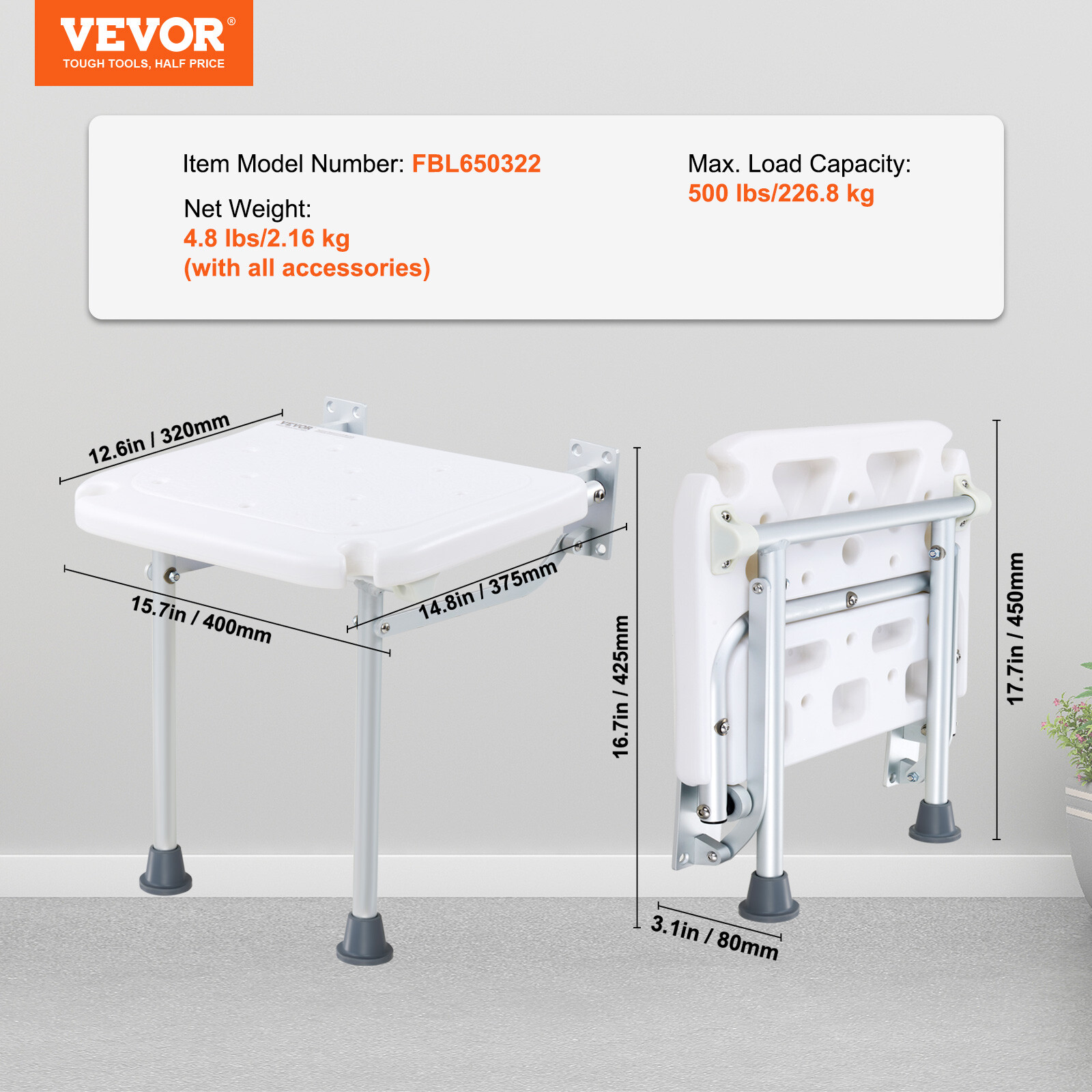 Vevor Fold Down Shower Seat Folding Bench Wall Mount 500lbs Handicapped Chair