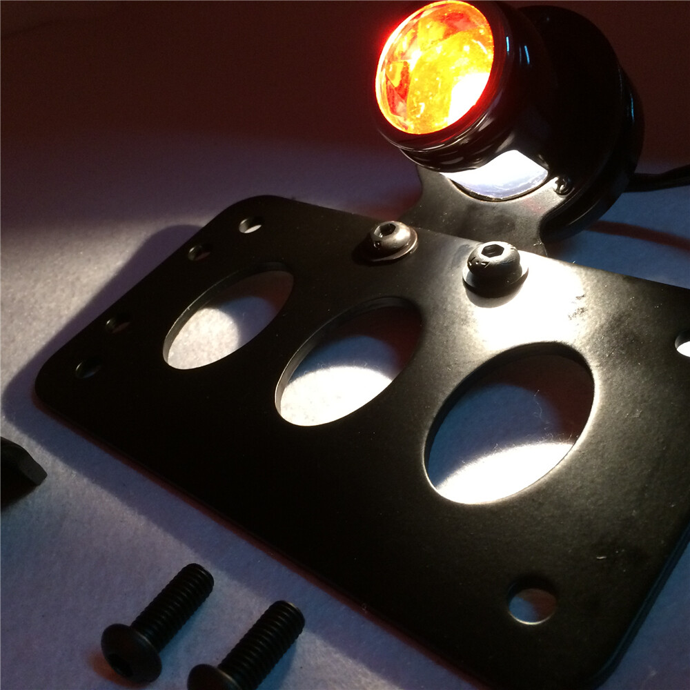 Black Round Side Mount Tail Light License Plate Bracket Chopper Bobber Harley